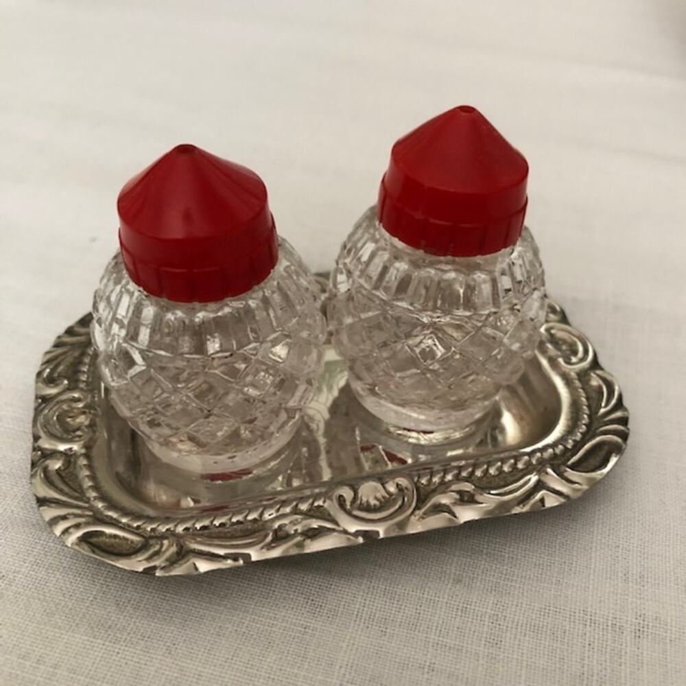 Vintage Mini Glass S&P Set with Red Caps & Silver Metal Tray